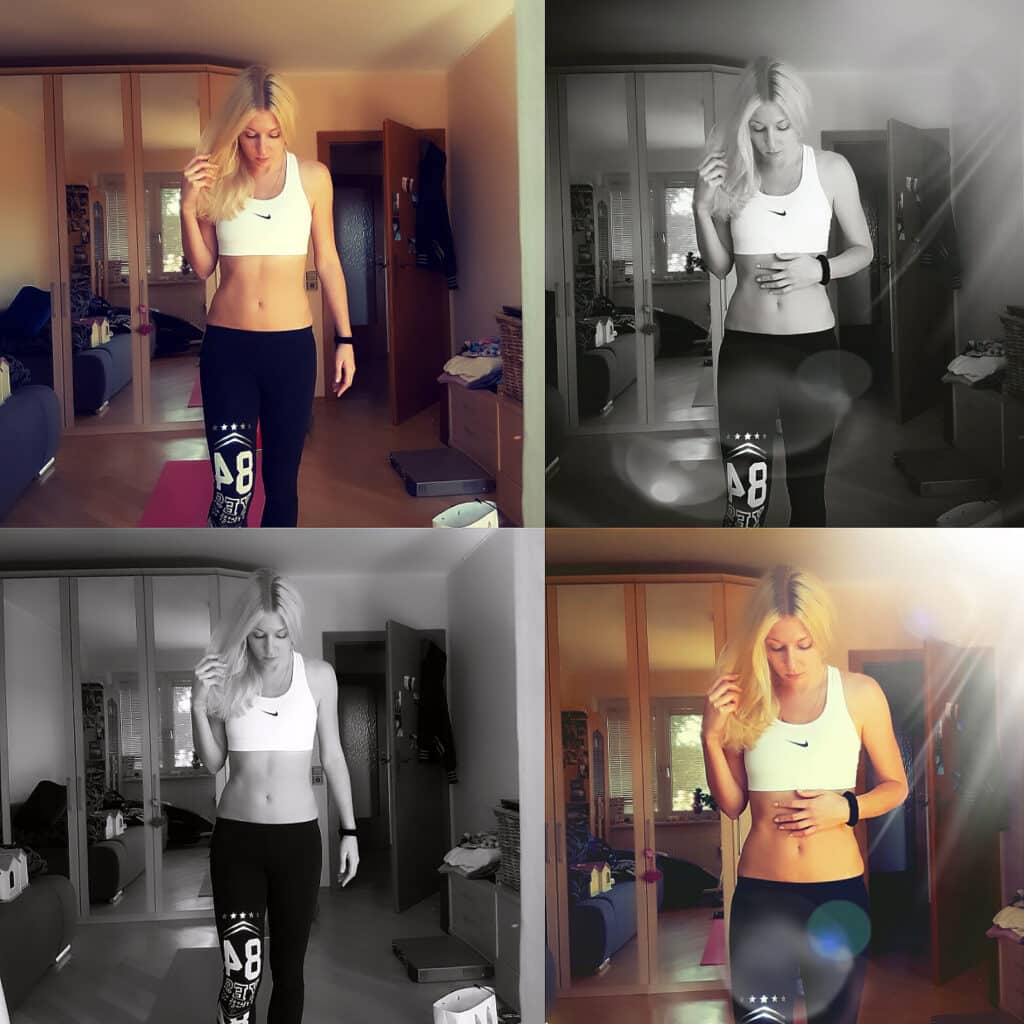 Blondes Fitnessmädchen mit einem weißen bauchfreien Sport-Top und scharzen Fitnessleggings. 