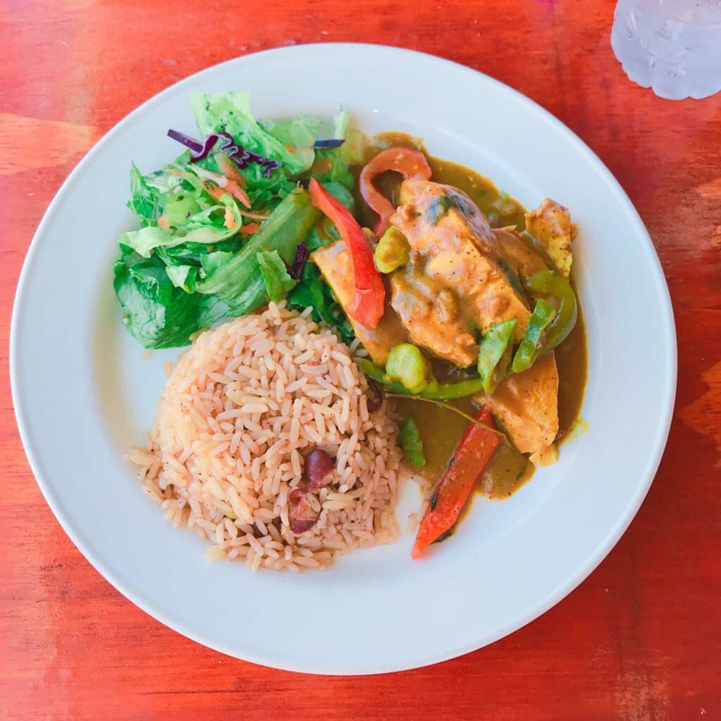 Hühner-Curry mit Salat auf einem weißen Teller serviert. 