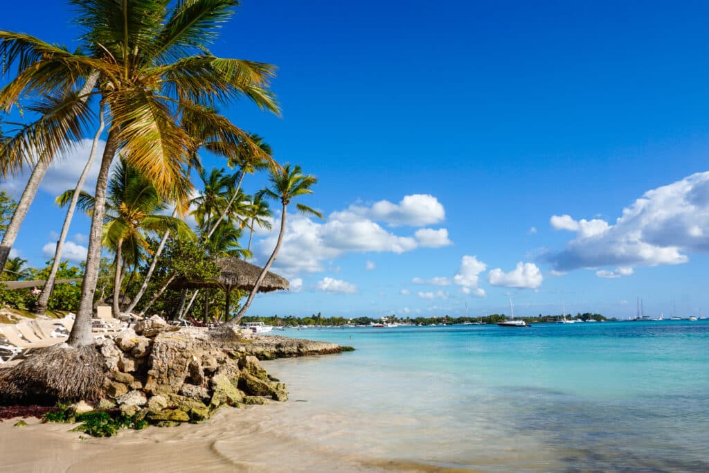 Aussicht auf den Strand auf das türkise Meer in der Dominikanischen Republik mit Palmen im Hintergrund. 