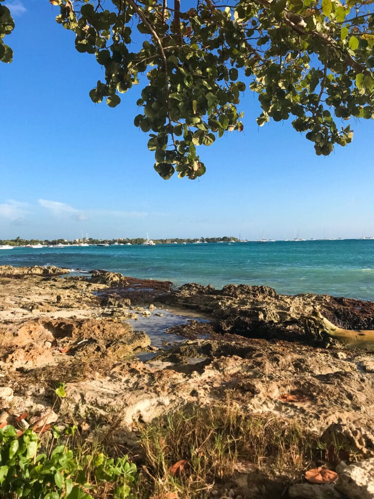 Aussicht auf das türkise Meer umgeben von Felsen an Strand. 
